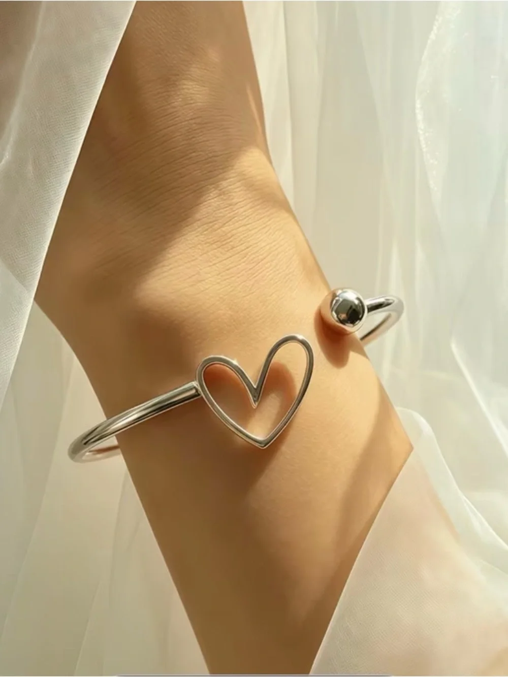 Silver Heart Open Bangle Bracelet